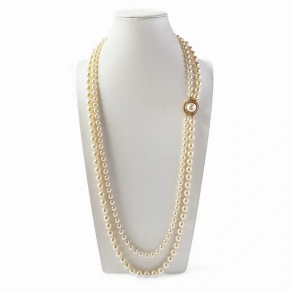 Vintage Swarovski SAL Double Strand Faux Pearl Crystal Round Clasp Necklace - Picture 2 of 6